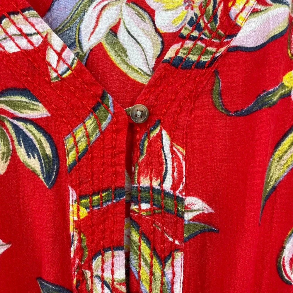 Womens One Size 2X - 3X Red Tropical Floral Kaftan Tunic Top Drawstring Waist OS